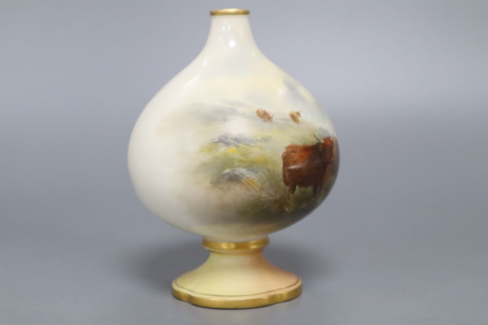 A Royal Worcester vase painted with Highland cattle by John Stinton (later lid and cut down), height 14cm